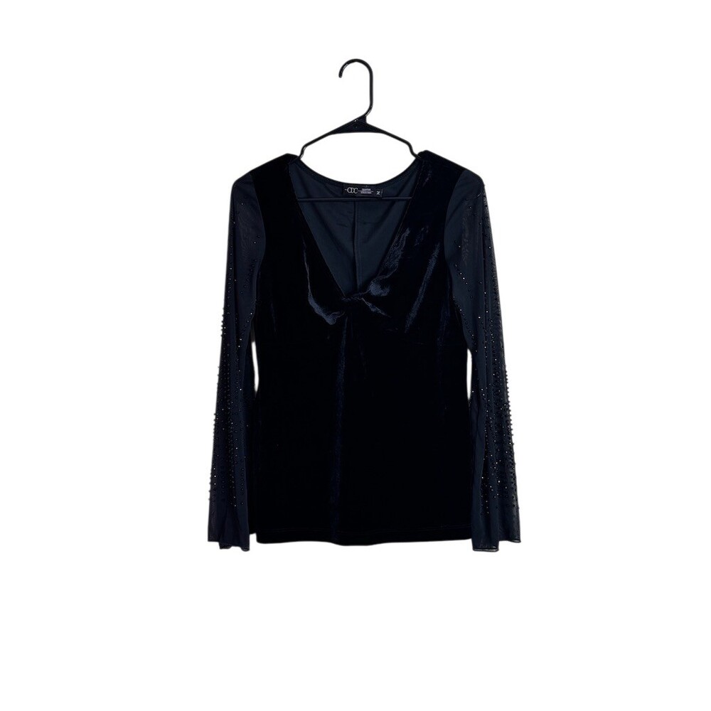 CDC Signature Collection Blouse Womens Medium Black Velvet V-Neck Rhinestone